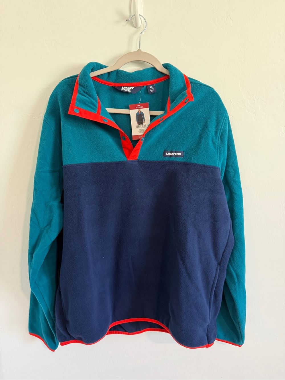Lands’ End Men’s XL Fleece Snap Neck Pullover Teal Navy Orange Colorblock NWT